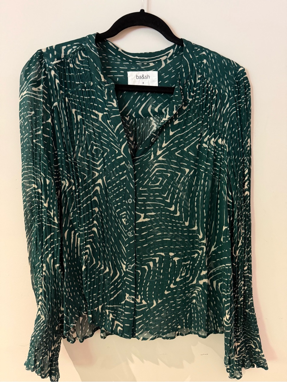 ba&sh Dark Green & Cream Abstract Print Button-Down Blouse